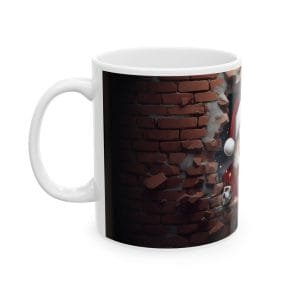 White Happy Santa Claus Ceramic Mug featuring an image of a brick wall with a partially visible Santa Claus, available in 11oz and 15oz sizes.