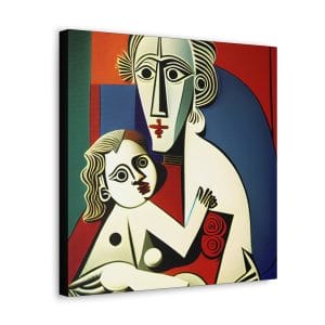 Introducing the Mother's Love Cubism Art Canvas, this vibrant abstract painting features two stylized figures in a warm embrace, beautifully rendered with geometric elements and contrasting shapes that evoke the essence of Picasso's cubist style.