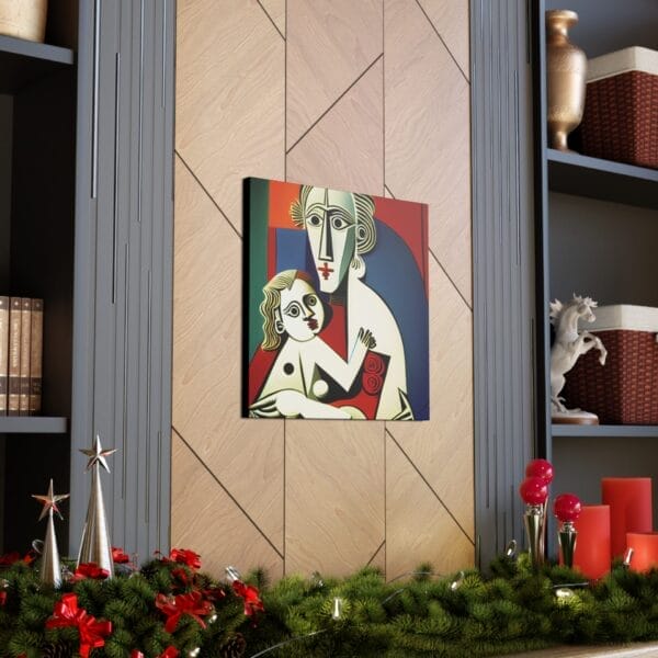 The *Mother's Love Cubism Art Canvas*, featuring a geometric style reminiscent of Picasso's cubism, is displayed on a wooden-paneled wall between bookshelves. Below, the ledge is adorned with a festive arrangement including candles, ornaments, and greenery. The *Mother's Love Cubism Art Canvas*, featuring a geometric style reminiscent of Picasso's cubism, is displayed on a wooden-paneled wall between bookshelves. Below, the ledge is adorned with a festive arrangement including candles, ornaments, and greenery.