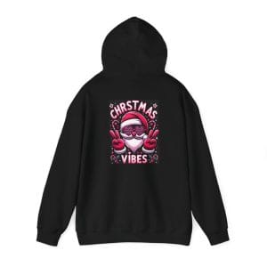 Christmas Vibes Loving Santa Unisex Heavy Blend™ Hooded Sweatshirt, a black hoodie showcasing a graphic of a pink Santa wearing sunglasses, flashing peace signs, accompanied by the text "Christmas Vibes.