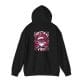 Christmas Vibes Loving Santa Unisex Heavy Blend™ Hooded Sweatshirt, a black hoodie showcasing a graphic of a pink Santa wearing sunglasses, flashing peace signs, accompanied by the text "Christmas Vibes.