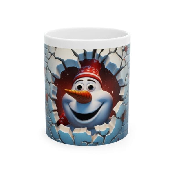 A ceramic mug featuring a cheerful snowman illustration, complete with a red hat and set against a cracked ice backdrop is available in 11oz and 15oz sizes.