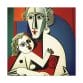The "Mother's Love Cubism Art Canvas" illustrates a seated person cradling a child, capturing the spirit of Picasso's cubist style through striking geometric forms and vivid colors.