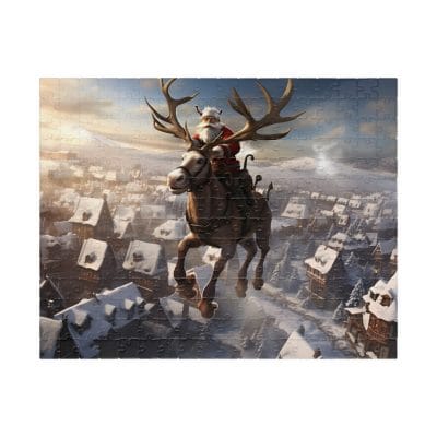 The "Santa with Flying Reindeer Puzzle" captures the image of Santa Claus flying over a snow-covered village on a reindeer, available in 110, 252, or 520-piece options.