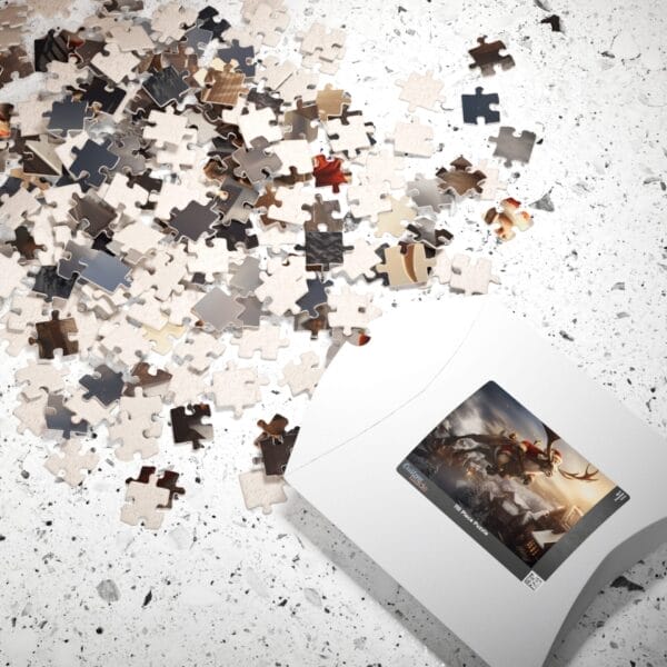 A partially assembled "Santa's Flying Reindeer" puzzle, with its pieces spread across a speckled surface, sits next to an open white box that showcases the completed image. A partially assembled "Santa's Flying Reindeer" puzzle, with its pieces spread across a speckled surface, sits next to an open white box that showcases the completed image.