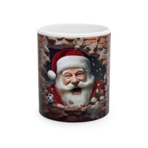 A ceramic mug named "Happy Santa Claus," available in 11oz and 15oz sizes, depicts a jolly Santa Claus wearing a red hat and breaking through a brick wall.