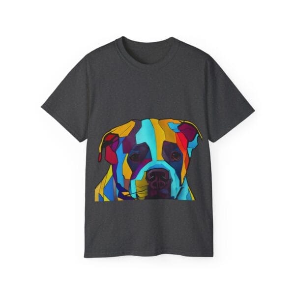Dark gray Pit Bull Unisex Ultra Cotton Tee showcasing a colorful geometric pitbull dog face design on the front, ideal for fans of distinctive pitbull tees. Dark gray Pit Bull Unisex Ultra Cotton Tee showcasing a colorful geometric pitbull dog face design on the front, ideal for fans of distinctive pitbull tees.