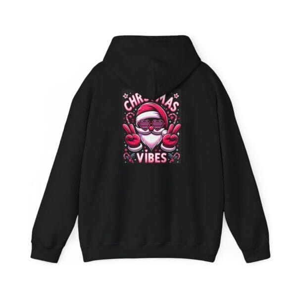 Unisex heavy blend™ hooded sweatshirt featuring a black base with a graphic of Santa wearing sunglasses and a mask, flashing peace signs. The text reads "Christmas Vibes. Unisex heavy blend™ hooded sweatshirt featuring a black base with a graphic of Santa wearing sunglasses and a mask, flashing peace signs. The text reads "Christmas Vibes.