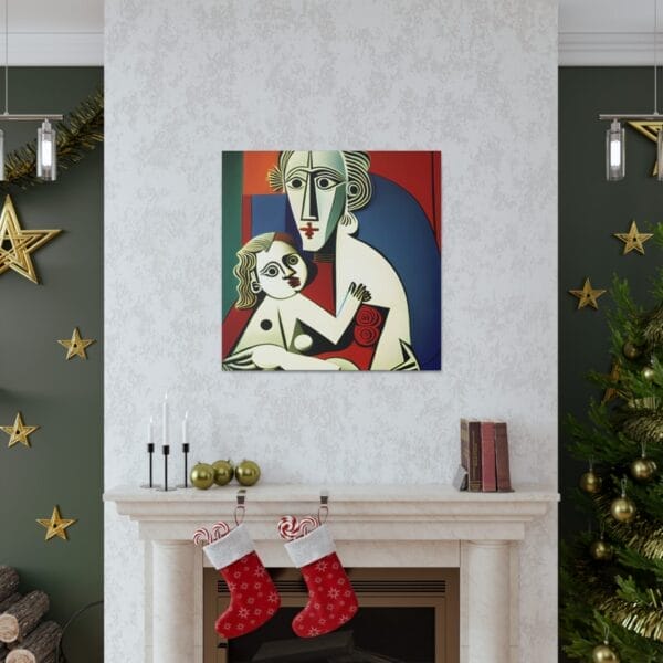 In a beautifully decorated room, a Christmas tree stands next to a cozy fireplace, where stockings are hung. On the wall is the "Mother's Love Cubism Art Canvas," which draws inspiration from Picasso and adds a modern touch. Star ornaments embellish the green-painted walls, enhancing the festive and artistic ambiance. In a beautifully decorated room, a Christmas tree stands next to a cozy fireplace, where stockings are hung. On the wall is the "Mother's Love Cubism Art Canvas," which draws inspiration from Picasso and adds a modern touch. Star ornaments embellish the green-painted walls, enhancing the festive and artistic ambiance.
