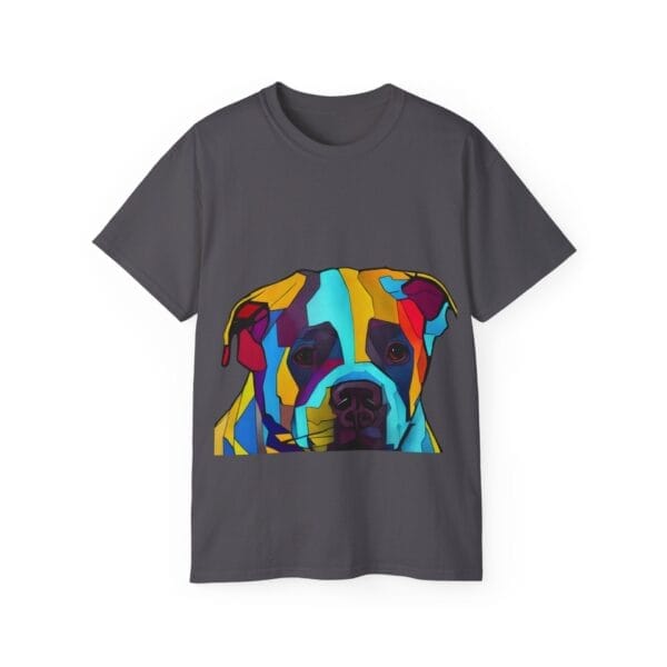 Gray unisex ultra cotton tee showcasing a colorful geometric-style dog face design, ideal for fans of pitbull tees. Gray unisex ultra cotton tee showcasing a colorful geometric-style dog face design, ideal for fans of pitbull tees.