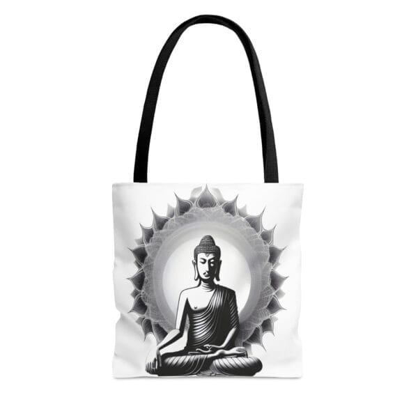 The Buddha Tote Bag (AOP) features a sophisticated black and white depiction of Buddha in meditation, accented by an intricate circular pattern. The black handles enhance its timeless appeal, making it an ideal accessory for those who value mindful design. The Buddha Tote Bag (AOP) features a sophisticated black and white depiction of Buddha in meditation, accented by an intricate circular pattern. The black handles enhance its timeless appeal, making it an ideal accessory for those who value mindful design.
