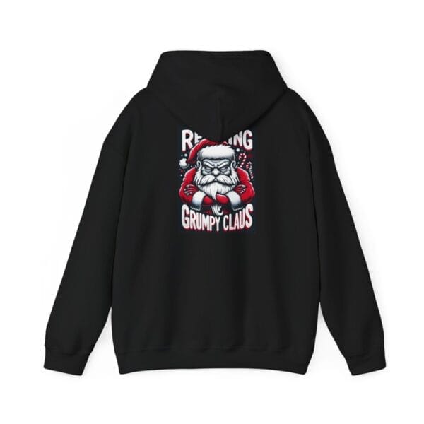 Black hoodie showcasing a graphic of Santa Claus with the text "Grumpy Claus," also known as the Grumpy Santa Claus Unisex Heavy Blend™ Hooded Sweatshirt. Black hoodie showcasing a graphic of Santa Claus with the text "Grumpy Claus," also known as the Grumpy Santa Claus Unisex Heavy Blend™ Hooded Sweatshirt.