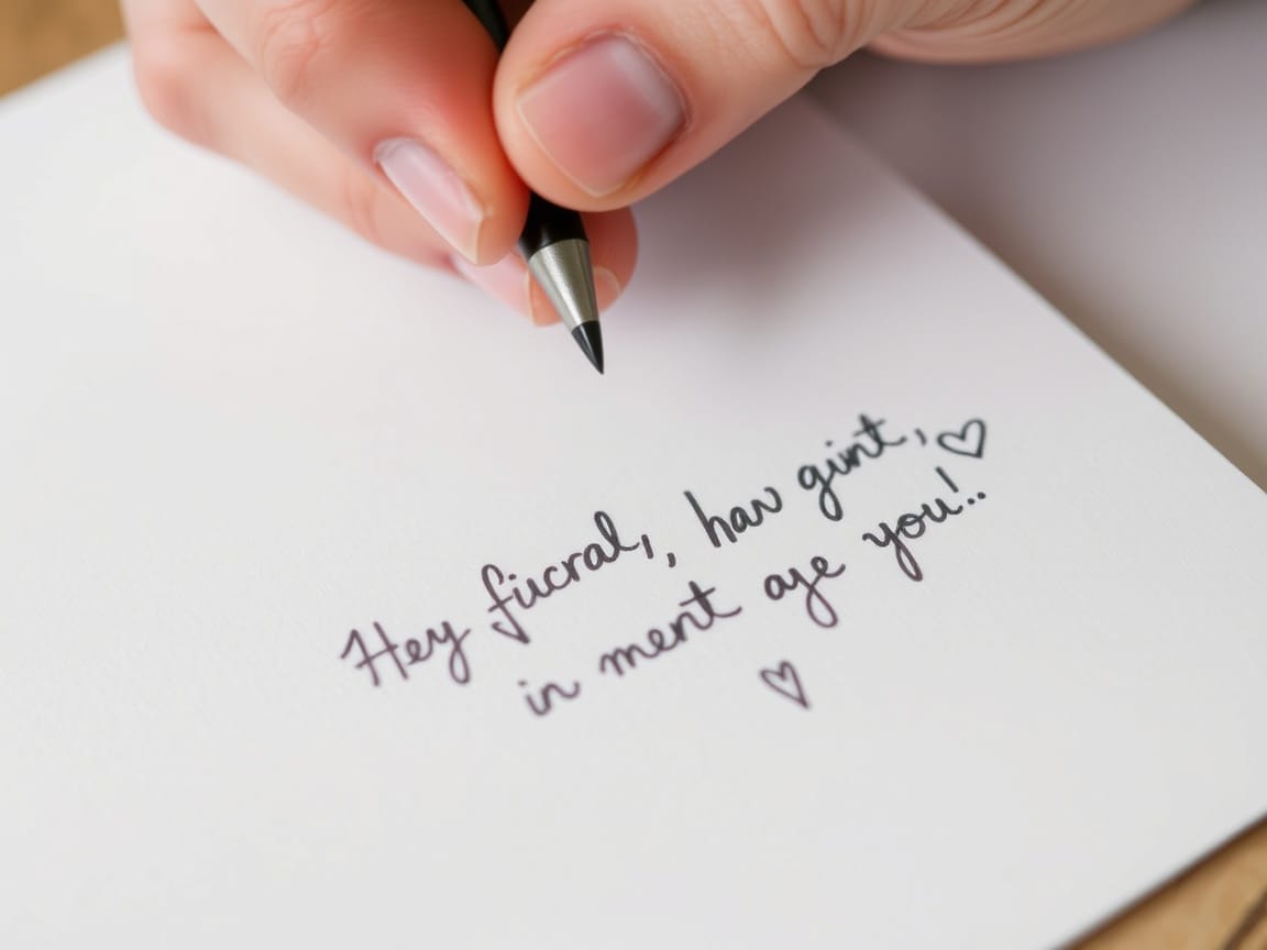 A close-up of a hand writing a heartfelt message on a personalized card.