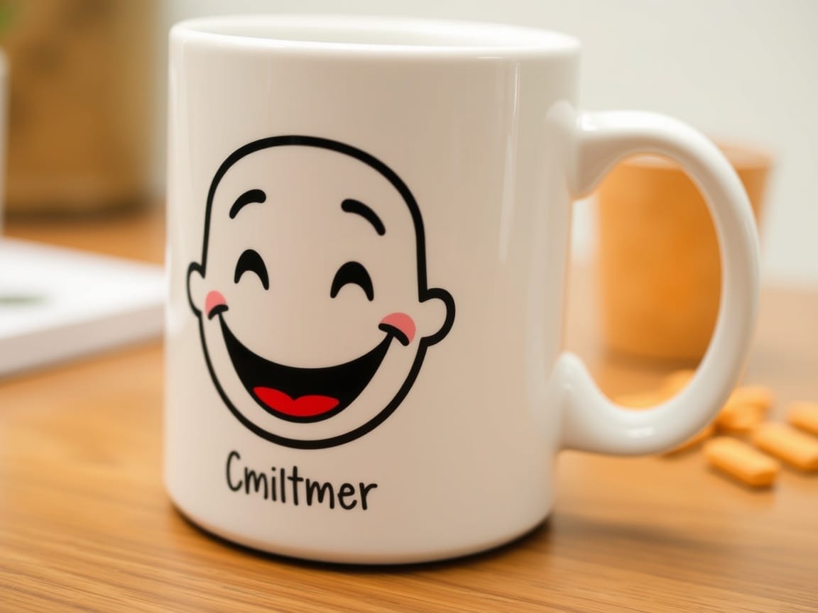 A close-up of a personalized mug with a smiling face on it.
