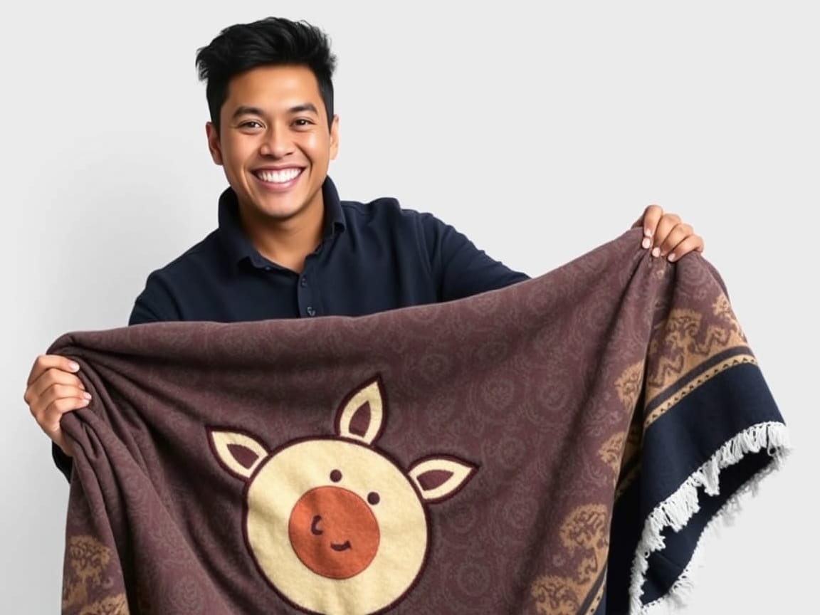 A smiling person is holding a custom-made blanket with a special design.