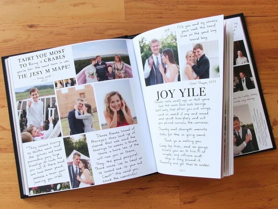 A photo album filled with personalized messages and memories.