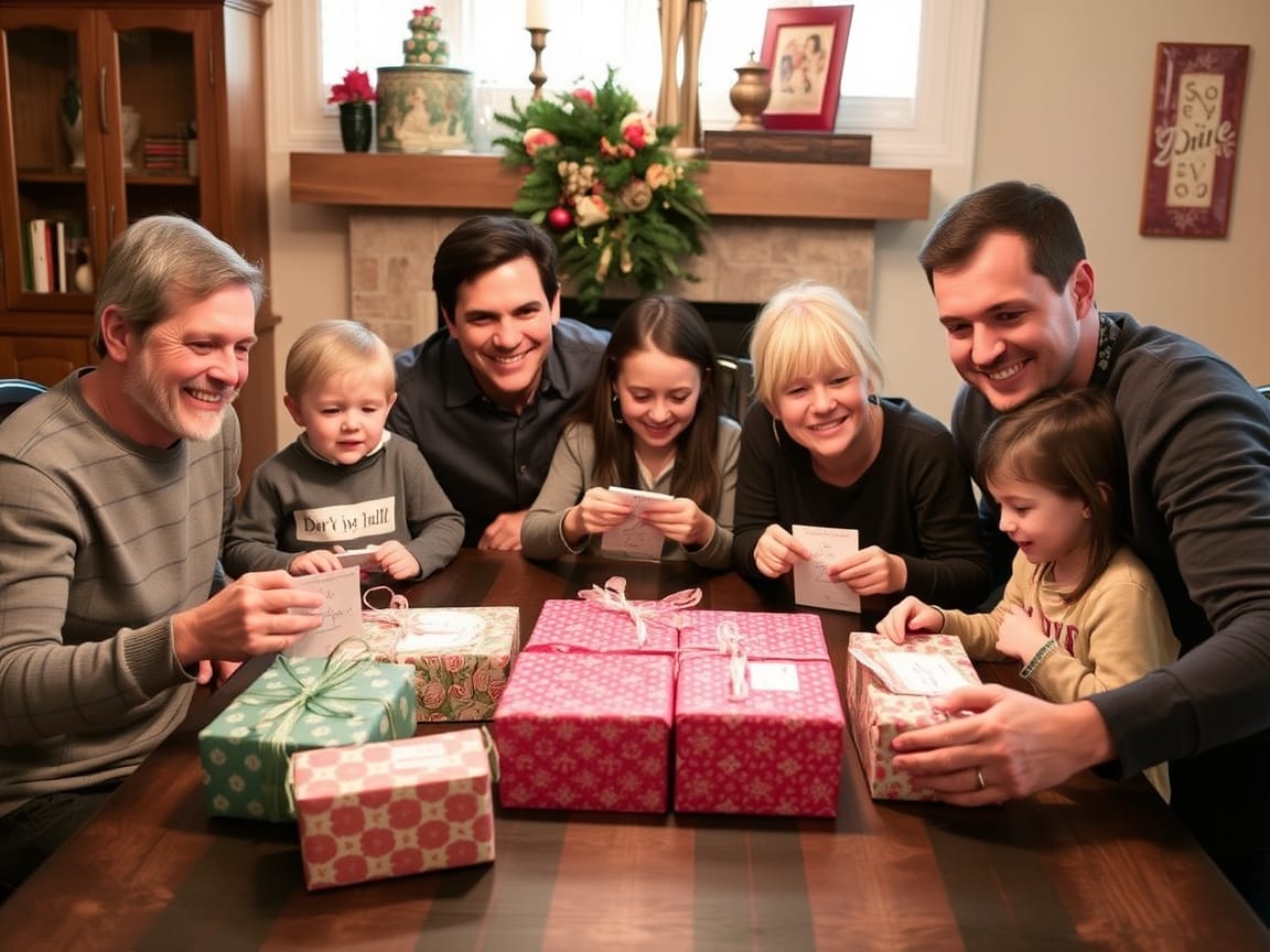 A family gathered around a table, smiling while opening personalized gifts.