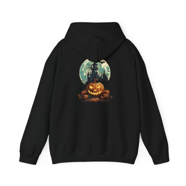 The Haunted Halloween Night Unisex Heavy Blend™ Hooded Sweatshirt features a black hoodie with a back graphic of carved jack-o’-lanterns, pumpkins, and a tree silhouette beneath a bright full moon. The Haunted Halloween Night Unisex Heavy Blend™ Hooded Sweatshirt features a black hoodie with a back graphic of carved jack-o’-lanterns, pumpkins, and a tree silhouette beneath a bright full moon.