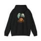 The Haunted Halloween Night Unisex Heavy Blend™ Hooded Sweatshirt features a black hoodie with a back graphic of carved jack-o’-lanterns, pumpkins, and a tree silhouette beneath a bright full moon.
