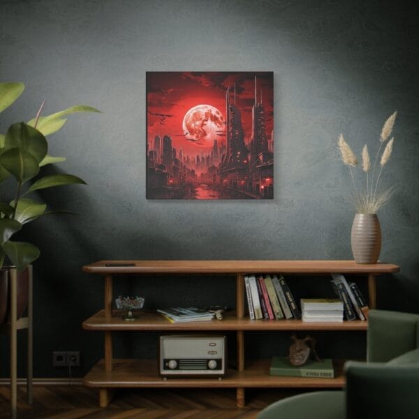 A modern living room with a wooden bookshelf, books, and a vintage radio. Above the shelf on a dark textured wall hangs "Blood Moon Over Ruins — Dystopian Cityscape Canvas, Stretched, 1.25". A modern living room with a wooden bookshelf, books, and a vintage radio. Above the shelf on a dark textured wall hangs "Blood Moon Over Ruins — Dystopian Cityscape Canvas, Stretched, 1.25".