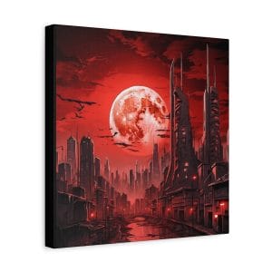 Blood Moon Over Ruins — Dystopian Cityscape Canvas, Stretched 1.25": A futuristic city with towering buildings beneath a red moon and sky, dark clouds, birds overhead, and deserted streets.