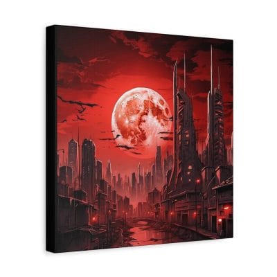 Blood Moon Over Ruins — Dystopian Cityscape Canvas, Stretched 1.25": A futuristic city with towering buildings beneath a red moon and sky, dark clouds, birds overhead, and deserted streets.