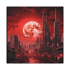 Blood Moon Over Ruins — Dystopian Cityscape Canvas features a futuristic city with tall modern buildings, a central canal, and striking red moonlight illuminating the scene. Stretched canvas, 1.25".