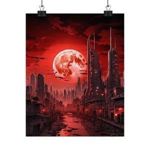 Futuristic Urban Art Prints feature a cityscape with tall buildings, a river, and a striking red moon in the sky—all bathed in a red hue. Perfect matte posters for home decor, sci-fi lovers, nerds, and gamers.