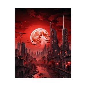 Futuristic Urban Art Prints: matte vertical posters featuring a sci-fi cityscape under a red moon, with skyscrapers, dramatic clouds, and a central river—ideal home decor for nerds and gamers.