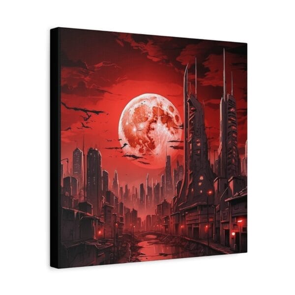 Blood Moon Over Ruins — Dystopian Cityscape Canvas, Stretched, 1.25": Features a futuristic skyline with towering buildings beneath a large red moon, glowing crimson lights, and a dramatic cloudy night sky. Blood Moon Over Ruins — Dystopian Cityscape Canvas, Stretched, 1.25": Features a futuristic skyline with towering buildings beneath a large red moon, glowing crimson lights, and a dramatic cloudy night sky.