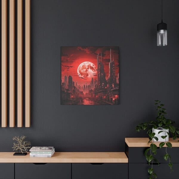 A modern interior with a dark wall features the Blood Moon Over Ruins — Dystopian Cityscape Canvas (stretched, 1.25"), wooden slats, floating cabinets, a plant, books, and a small metallic tree sculpture. A modern interior with a dark wall features the Blood Moon Over Ruins — Dystopian Cityscape Canvas (stretched, 1.25"), wooden slats, floating cabinets, a plant, books, and a small metallic tree sculpture.