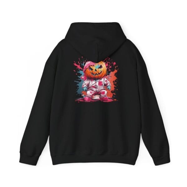 The Halloween Pumpkin Man Unisex Heavy Blend™ Hooded Sweatshirt features a black hoodie with a graphic of an astronaut with a pumpkin head, sitting amid red and blue paint splashes. The Halloween Pumpkin Man Unisex Heavy Blend™ Hooded Sweatshirt features a black hoodie with a graphic of an astronaut with a pumpkin head, sitting amid red and blue paint splashes.