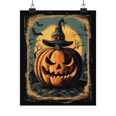 Decorate your space with the Halloween Pumpkin Art Print—a matte vertical poster featuring a jack-o’-lantern in a witch hat, full moon, bats, and spooky trees—perfect for fall decor, Halloween parties, or autumn home accents.