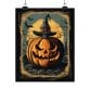 Decorate your space with the Halloween Pumpkin Art Print—a matte vertical poster featuring a jack-o’-lantern in a witch hat, full moon, bats, and spooky trees—perfect for fall decor, Halloween parties, or autumn home accents.
