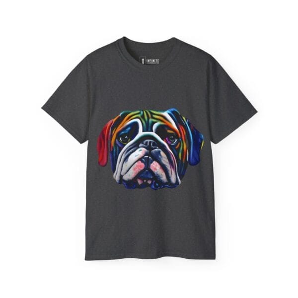 The Bull Dog Face Unisex Ultra Cotton Tee is a dark gray shirt with a vibrant, stylized bulldog face illustration—ideal for fans of unique bulldog custom apparel. The Bull Dog Face Unisex Ultra Cotton Tee is a dark gray shirt with a vibrant, stylized bulldog face illustration—ideal for fans of unique bulldog custom apparel.