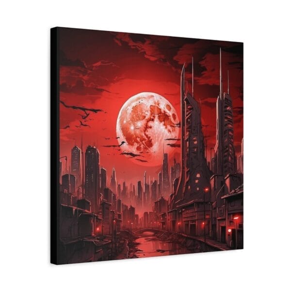 Blood Moon Over Ruins — Dystopian Cityscape Canvas, Stretched, 1.25": Features a futuristic city at night beneath a large red moon, with towering buildings, dark clouds, and a red-tinted sky. Blood Moon Over Ruins — Dystopian Cityscape Canvas, Stretched, 1.25": Features a futuristic city at night beneath a large red moon, with towering buildings, dark clouds, and a red-tinted sky.