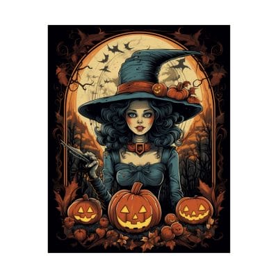 A woman dressed as a witch with a pointed hat sits among pumpkins and autumn leaves under bats and a full moon on the Halloween Witch Vertical Poster—spooky home decor, fall art, and gothic wall art for Halloween parties.