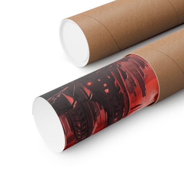Two brown tubes, one showing a rolled-up red and black Futuristic Urban Art Print, Matte Vertical Poster for Home Decor—perfect sci-fi wall art for nerds and gamers—lie on a white surface. Two brown tubes, one showing a rolled-up red and black Futuristic Urban Art Print, Matte Vertical Poster for Home Decor—perfect sci-fi wall art for nerds and gamers—lie on a white surface.
