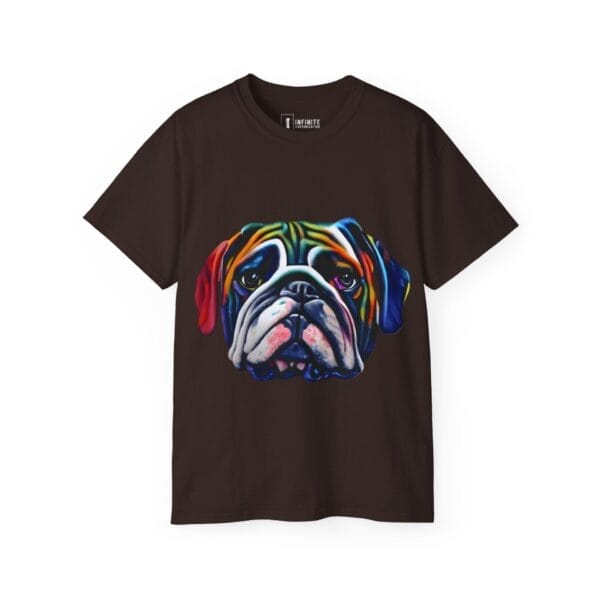 The Bull Dog Face Unisex Ultra Cotton Tee is a black shirt with a vibrant, stylized bulldog face illustration on the front—ideal for fans of unique custom bulldog apparel. The Bull Dog Face Unisex Ultra Cotton Tee is a black shirt with a vibrant, stylized bulldog face illustration on the front—ideal for fans of unique custom bulldog apparel.
