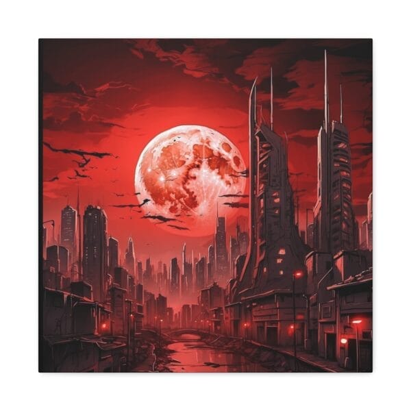 Blood Moon Over Ruins — Dystopian Cityscape Canvas, Stretched, 1.25": A futuristic city with towering skyscrapers bathed in red lighting beneath a massive red moon, dark clouds looming over the dramatic scene. Blood Moon Over Ruins — Dystopian Cityscape Canvas, Stretched, 1.25": A futuristic city with towering skyscrapers bathed in red lighting beneath a massive red moon, dark clouds looming over the dramatic scene.