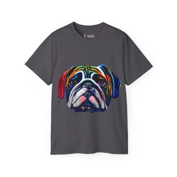 The Bull Dog Face Unisex Ultra Cotton Tee is a dark gray shirt with a vibrant, stylized bulldog face graphic—ideal for anyone who loves unique custom bulldog apparel. The Bull Dog Face Unisex Ultra Cotton Tee is a dark gray shirt with a vibrant, stylized bulldog face graphic—ideal for anyone who loves unique custom bulldog apparel.