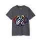 The Bull Dog Face Unisex Ultra Cotton Tee is a dark gray shirt with a vibrant, stylized bulldog face graphic—ideal for anyone who loves unique custom bulldog apparel.