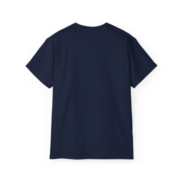 A Bull Dog Face Unisex Ultra Cotton Tee in navy blue is displayed flat, showing the back, against a white background. A Bull Dog Face Unisex Ultra Cotton Tee in navy blue is displayed flat, showing the back, against a white background.