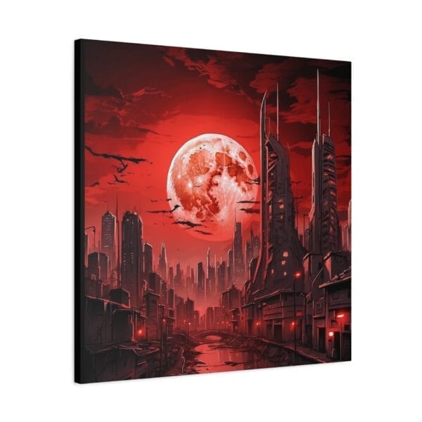 Blood Moon Over Ruins — Dystopian Cityscape Canvas, Stretched, 1.25": A dark red-toned sky with a large blood moon over futuristic buildings, a river, and flying birds. Blood Moon Over Ruins — Dystopian Cityscape Canvas, Stretched, 1.25": A dark red-toned sky with a large blood moon over futuristic buildings, a river, and flying birds.