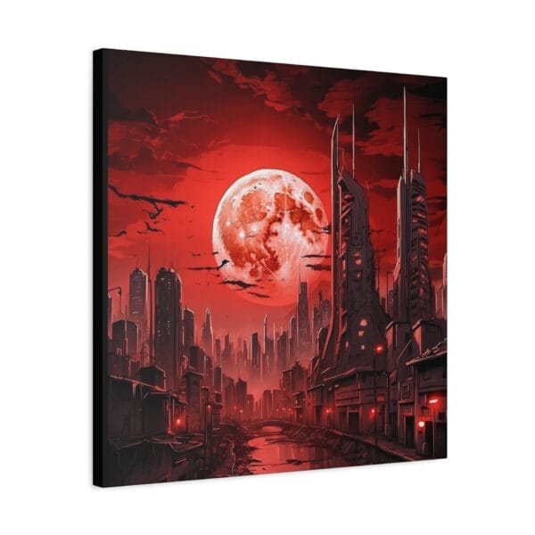 Blood Moon Over Ruins — Dystopian Cityscape Canvas, Stretched, 1.25": A futuristic cityscape with towering buildings beneath a large red moon, set against a dark sky and illuminated by dramatic red lighting throughout. Blood Moon Over Ruins — Dystopian Cityscape Canvas, Stretched, 1.25": A futuristic cityscape with towering buildings beneath a large red moon, set against a dark sky and illuminated by dramatic red lighting throughout.