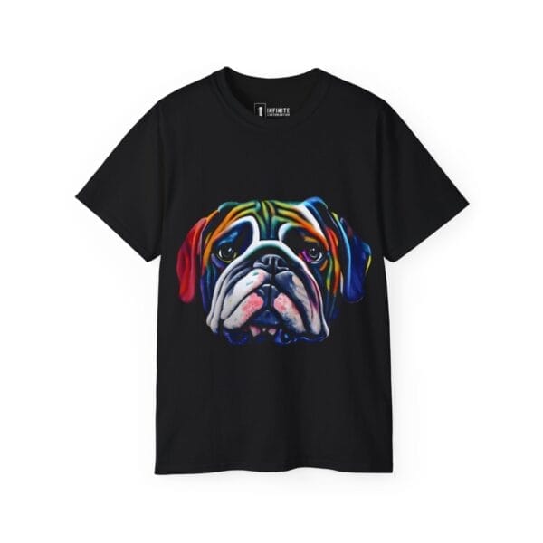 Bull Dog Face Unisex Ultra Cotton Tee: Black t-shirt with a vibrant, stylized bulldog face illustration on the front—perfect for bulldog lovers and custom tee fans. Bull Dog Face Unisex Ultra Cotton Tee: Black t-shirt with a vibrant, stylized bulldog face illustration on the front—perfect for bulldog lovers and custom tee fans.