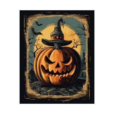 The Halloween Pumpkin Art Print shows a sinister carved pumpkin in a witch hat with bats flying before a full moon, bare trees, and a house—perfect spooky wall art for your autumn home, Halloween party, or fall decor.