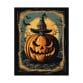 The Halloween Pumpkin Art Print shows a sinister carved pumpkin in a witch hat with bats flying before a full moon, bare trees, and a house—perfect spooky wall art for your autumn home, Halloween party, or fall decor.