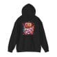 The Halloween Pumpkin Man Unisex Heavy Blend™ Hooded Sweatshirt features a black hoodie with a vibrant back graphic of a cartoon astronaut pumpkin head, surrounded by red and blue paint splashes.