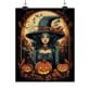The Halloween Witch Vertical Poster features a witch in a pointed hat among carved pumpkins, autumn leaves, and flying bats against a glowing moon—perfect spooky home decor, fall art, or creepy Halloween party decoration.